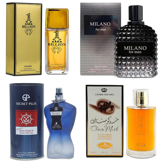 Men Cologne 4-Piece Combo Set (Choco/Milano/Billion/Sean's Boutique Nautical) Each 100ml Eau de Toilette/Parfume Spray Premium Men Perfume Set Long Lasting Fragrance for Daily Use
