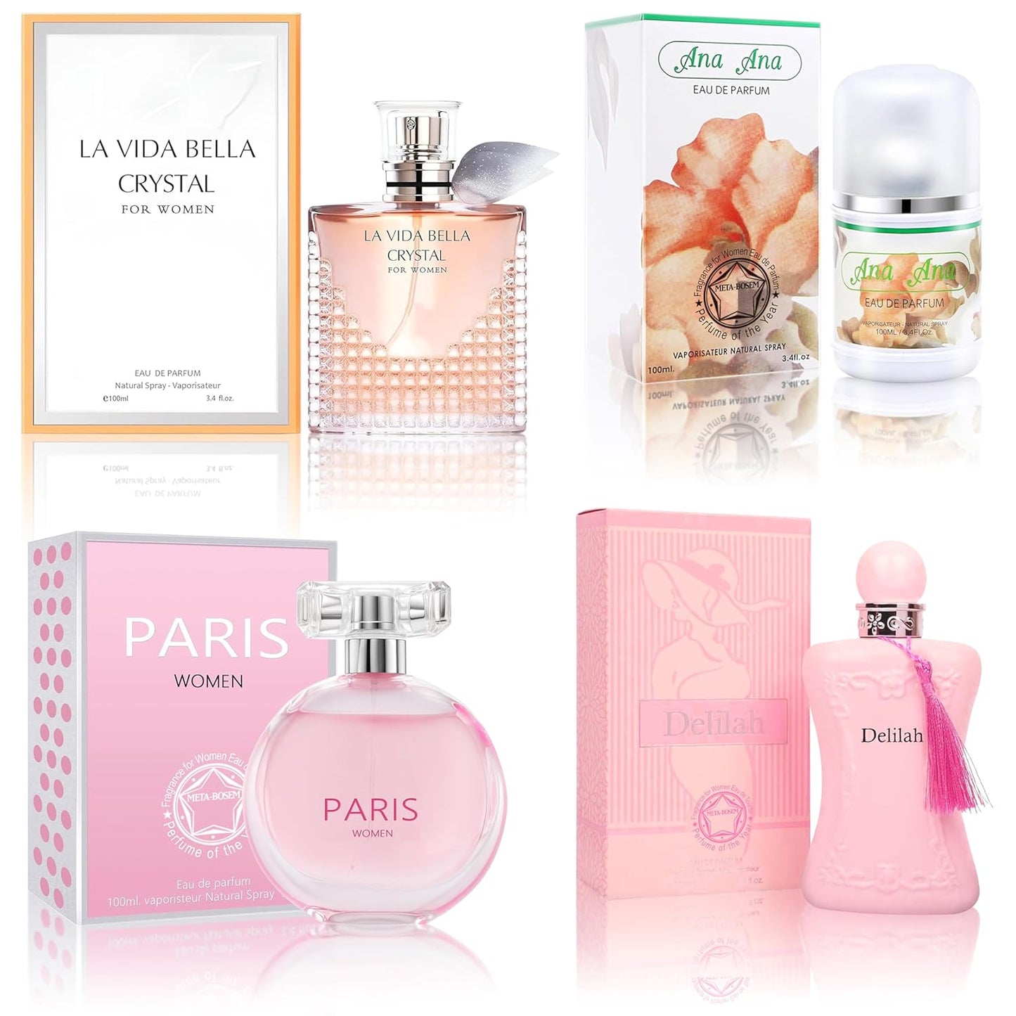 META-BOSEM Perfume for Women Set (100ml x 4PCS Variety Pack), Delilah, ParisW, LVBella, AnaAna, Long Lasting Perfume for Women All Day Use