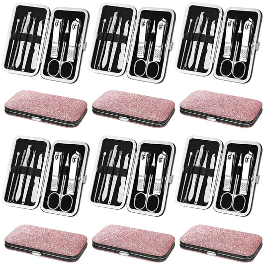 Geosar 12 Sets Manicure Set Nail Clippers Pedicure Kit 8 in 1 Stainless Steel Professional Grooming Kits Nail Care Tools with Travel Case for Men Women(Glitter Pink)