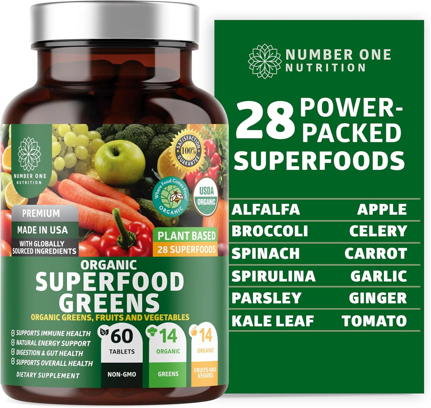 USDA Organic Superfood Greens [28 Powerful Ingredients] Natural Super Greens Capsules, Fruit and Veggie Supplement with Alfalfa, Beet Root and Ginger to Support Energy and Immunity, 60 Tablets