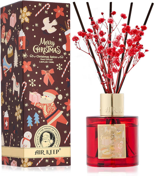 Airkeep Reed Diffuser Set - 3.38 fl oz (100 ml) Christmas Spice Oil for Home Fragrance, Bathroom Shelf Decor - Christmas Day with 8 Sticks
