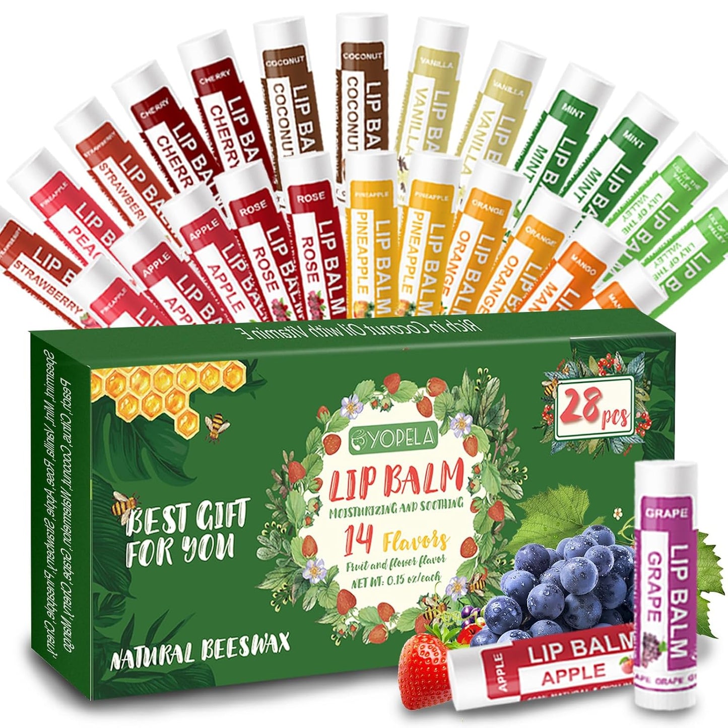 Yopela 28 Pack Natural Lip Balm Bulk with Vitamin E and Coconut Oil - Moisturizing, Soothing, and Repairing Dry and Chapped Lips Valentine's Gift - 14 Flavors - Non-GMO