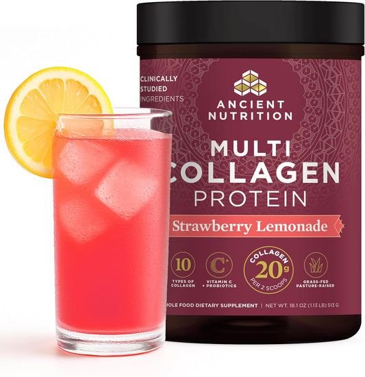 Ancient Nutrition Hydrolyzed Collagen Peptides Powder with Probiotics, Strawberry Lemonade Multi Collagen Protein for Women and Men with Vitamin C, 45 Servings, Supports Skin and Nails, Gut Health, 18