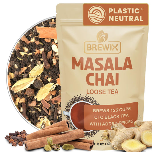 BREWIX, Masala Chai Tea Loose Leaf CTC TEA (125+ Cups, 8.82oz/250g) Strong Robust & Aromatic, All Natural | Blended with Exotic Spices | Ginger, Cinnamon, Cardamom, Clove & Black Pepper
