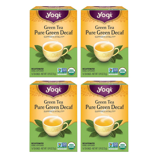 Yogi Tea Pure Decaf Green Tea - 16 Bags per Pack (4 Packs) - Organic & Decaffeinated - Supports Overall Health & Provides Antioxidants