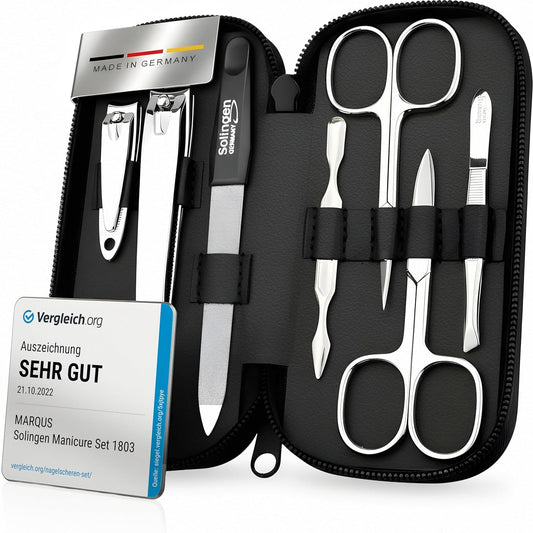 Manicure Set Solingen Made in Germany - 7 Piece Exclusive Finger & Toe Nail Clippers Kit for Women and Men in Real Leather Case, Color Black