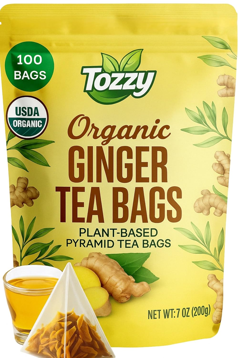 Tozzy Organic Ginger Tea – 100 Count, Plant-Based Pyramid Tea Bags