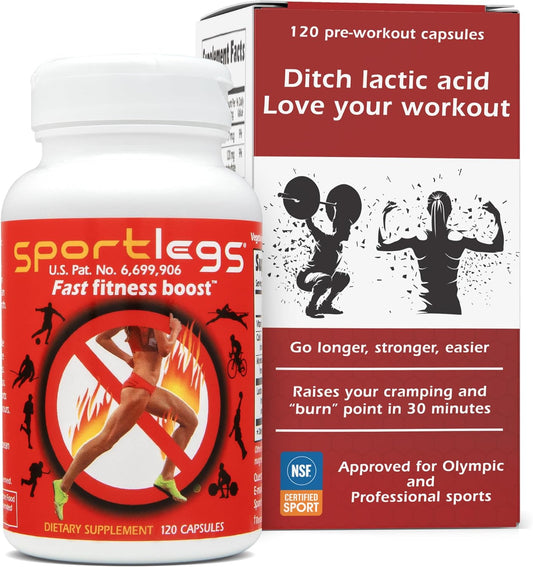 SPORTLEGS Fast Fitness Boost Pre Workout for Men and Women, Lactic Acid Supplement, Sports Endurance Fuel, Endurance Supplements for Runners - NSF Certified for Sport,120-Capsule Bottle, Pack of 1