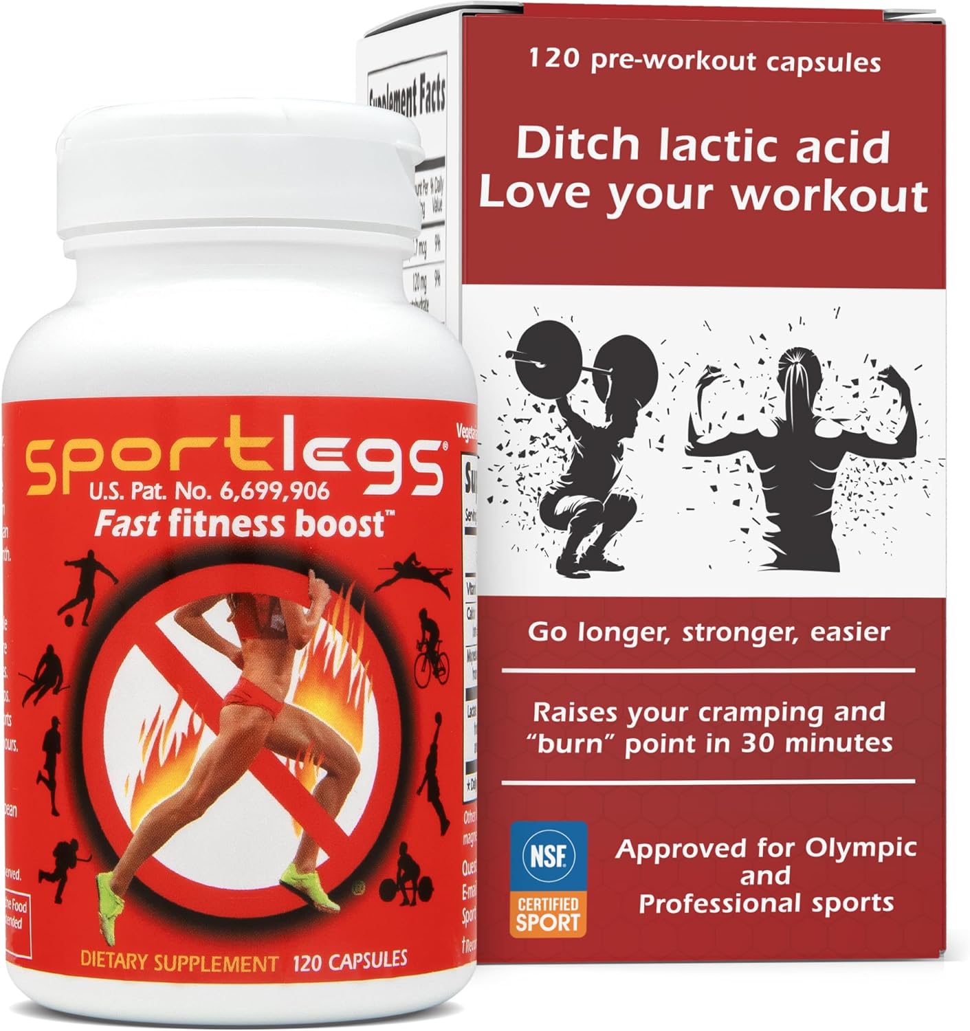 SPORTLEGS Fast Fitness Boost Pre Workout for Men and Women, Lactic Acid Supplement, Sports Endurance Fuel, Endurance Supplements for Runners - NSF Certified for Sport,120-Capsule Bottle, Pack of 1