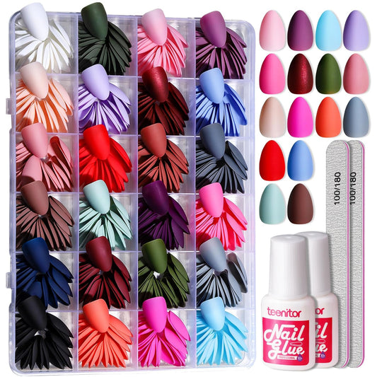 Teenitor Press on Nails,Short Almond Press on Nails, Matte Acrylic Fake Nails with Nail Glue, 24 Colors