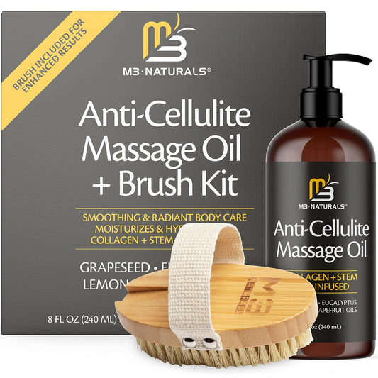 Anti Cellulite Massage Oil and Firm Dry Brush Kit | Collagen & Stem Cell Skin Tightening Kit | Radiant Body Care Kit for Women by M3 Naturals