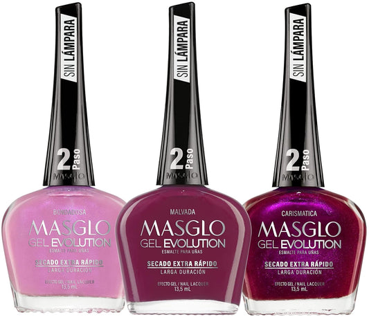 MASGLO Gel Evolution – Set of 3 Nail Polishes No UV/LED Lamp Needed, Fast-Drying, 12-Day Wear, 14-Free Formula, High-Gloss Finish, vegan (0.5 oz Each)