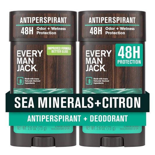 Every Man Jack Men’s Sea Minerals + Citron Antiperspirant Deodorant – New & Improved Formula – Smooth Glide, 48-Hour Odor & Sweat Defense– 2.6 oz (2 Pack)