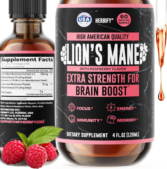 HERBIFY Lions Mane Supplement - Daily Mushroom Supplement for Memory, Focus & Clarity - Brain Booster - Lions Mane Tincture for Natural Immune Support - 4 Fl Oz Raspberry Flavor