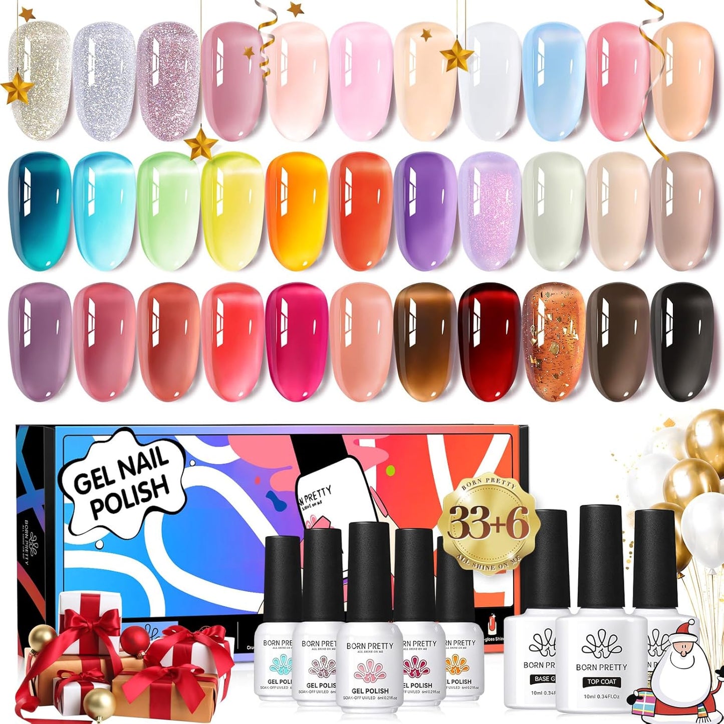 Born Pretty Jelly Gel Nail Polish Sheer Clear Nude Pink Red Brown Gel Polish Set Transparent Translucent Gel Polish with Glossy Matte Top Coat Base Gel Manicure Christmas Day Gifts 39PCS