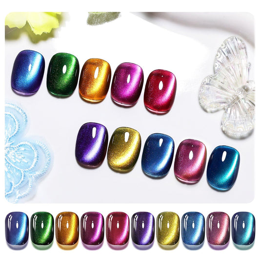 JODSONE Cat Eye Gel Nail Polish 10 Colors Blue Green Red with Base Coat Top Coat Magnet Stick Glazed Amber Cat Eye Gel for Home DIY