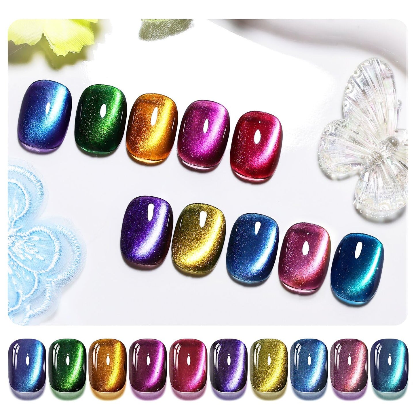 JODSONE Cat Eye Gel Nail Polish 10 Colors Blue Green Red with Base Coat Top Coat Magnet Stick Glazed Amber Cat Eye Gel for Home DIY