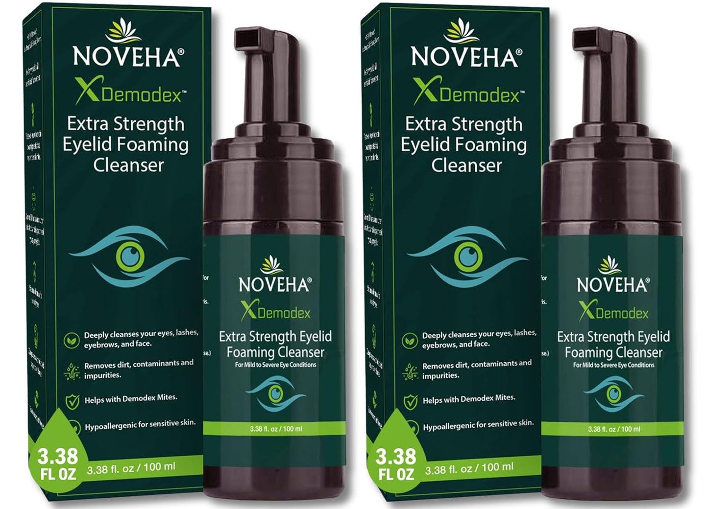 NOVEHA Demodex Eyelid Cleanser Foam | Extra Strength Tea Tree Oil Formula | Daily Face Wash For Eyelash, Demodex, MGD, Stye Eyes, Eye Irritations & Skin Dryness, 3.38 fl. oz. (100ml) - (Pack of 2)