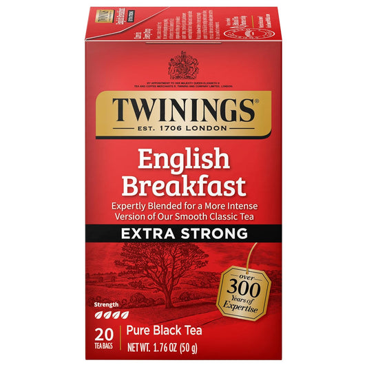 Twinings English Breakfast Extra Strong Black Tea Individually Wrapped Bags, 20 Count (Pack of 1), Robust, Caffeinated, Enjoy Hot or Iced, 20 Teabags