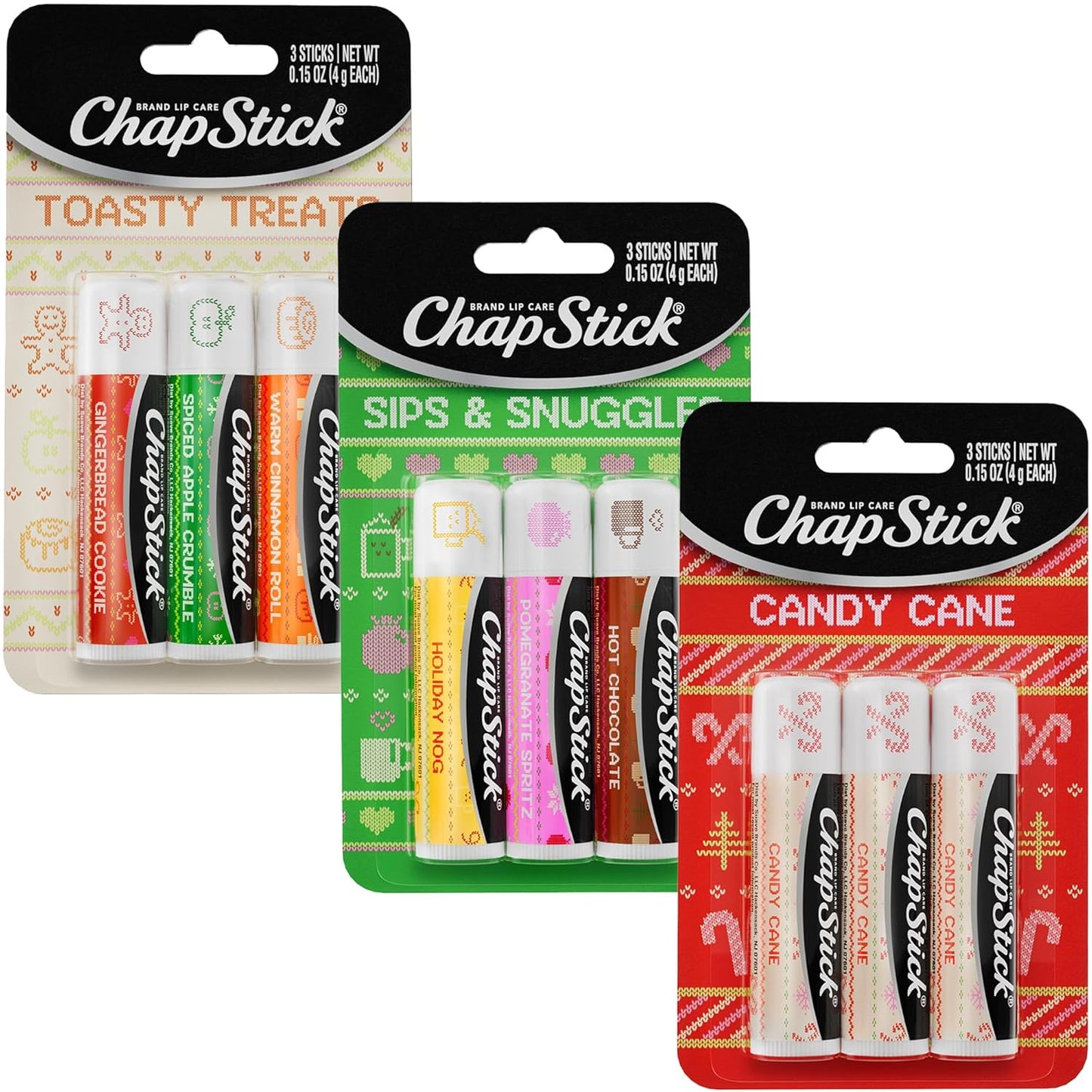 ChapStick Lip Balm, Holiday Variety Packs (9 Sticks) – Candy Cane, Sips & Snuggles, Toasty Treats Flavored Lip Moisturizers, Stocking Stuffers, 0.15 Oz Ea