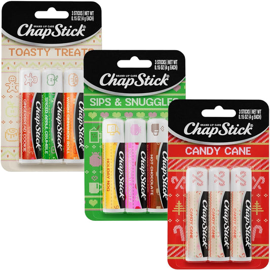 ChapStick Lip Balm, Holiday Variety Packs (9 Sticks) – Candy Cane, Sips & Snuggles, Toasty Treats Flavored Lip Moisturizers, Stocking Stuffers, 0.15 Oz Ea