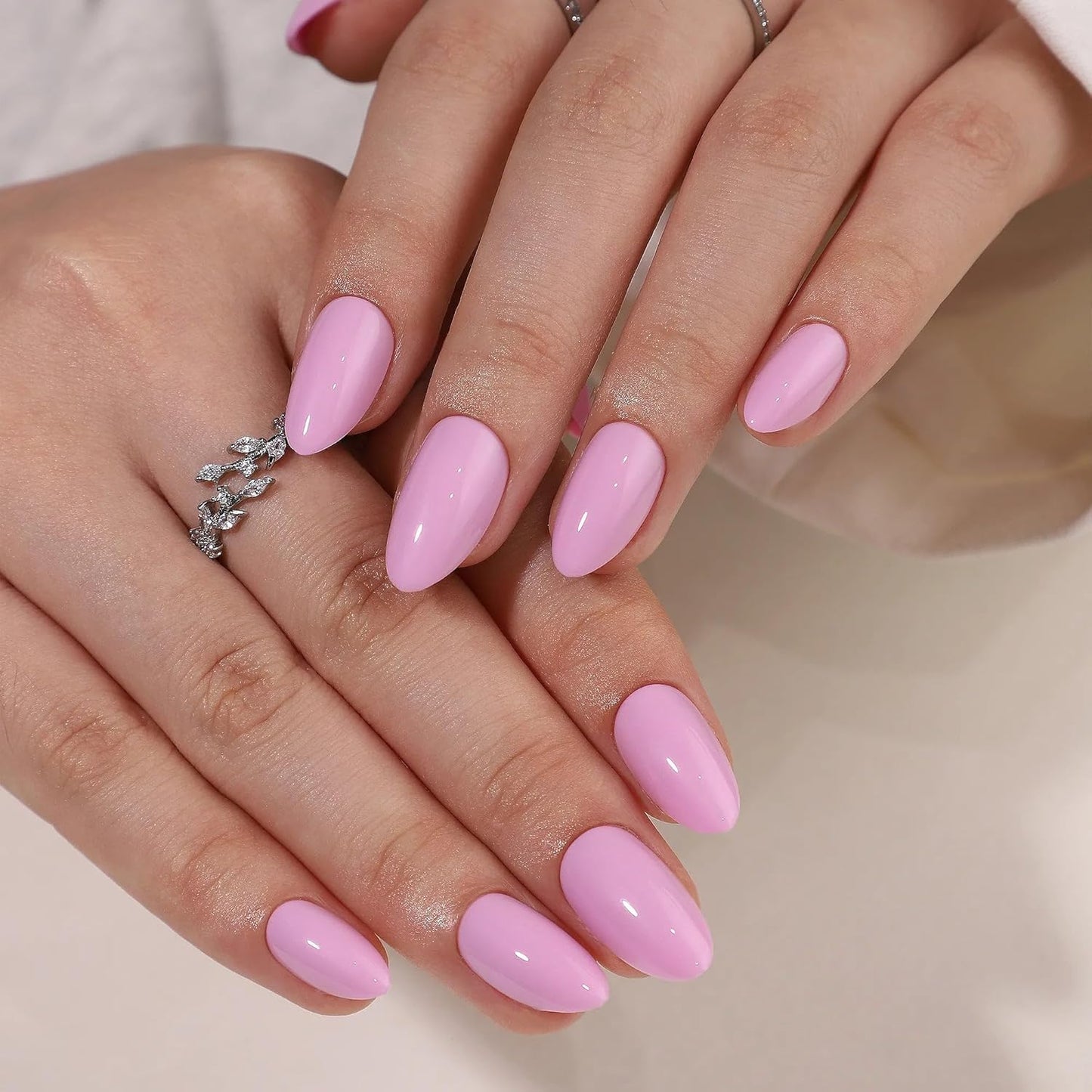 Press On Nails - Pretty In Pink I Opaque Light Pink Medium Almond I 16 Sizes - 32 Reusable Fake Nail Kit - Glue & Adhesive Tabs I Long-Lasting, Damage-Free Wear