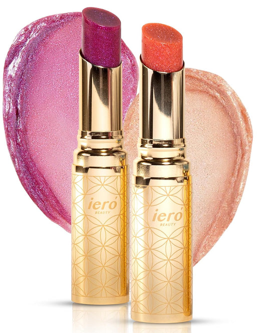ieró Beauty Glow Like You Lip Cool Color Duos, pH Tinted Lip Balm with Shea Butter & Vitamin E, Nourishing, Lip Care Moisturizer, Sheer Rose w/Golden-Pink Shimmer + Sheer Berry w/Blue-Violet Shimmer