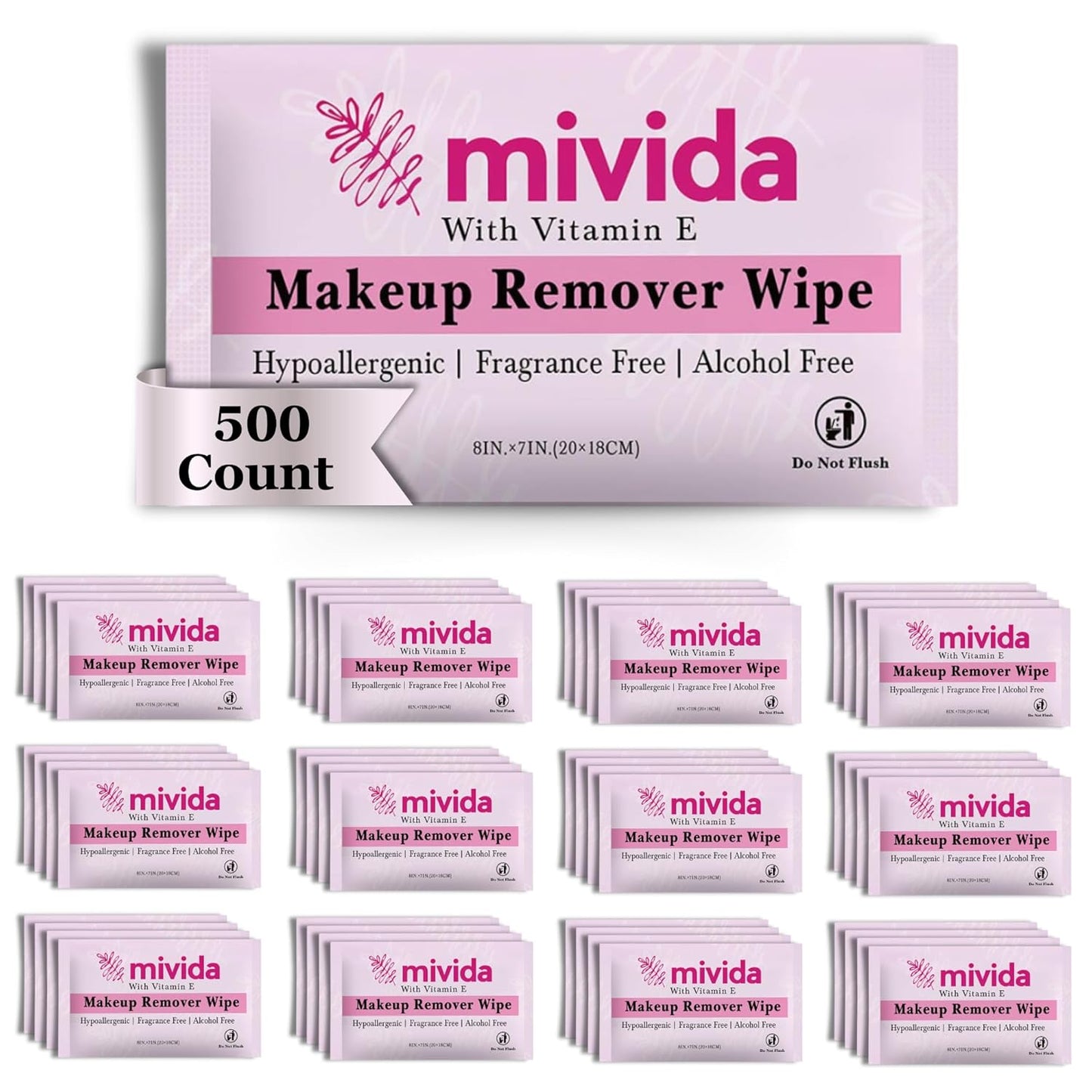 mivida 500 Count Bulk Individually Wrapped Makeup Remover Wipes with Vitamin E | Hypoallergenic, Fragrance-Free, Alcohol-Free makeup wipes | Bulk single make up removing wipes