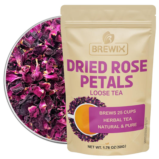 BREWIX, Pure Dried Rose Petals Loose Tea (25+ Cups,1.76oz/50g) Edible Flowers for Cocktails,Garnishing & Drinks, Tea,Baking,Desserts,Bread,Cake,Bath,DIY Skincare Edible Rose Petals in Resealable Bag