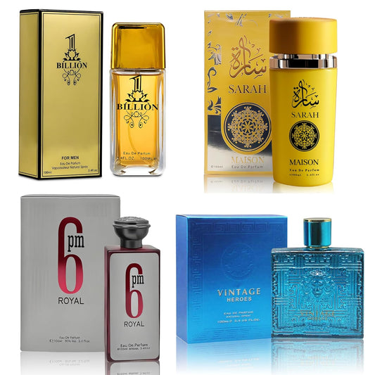 Men Cologne 4-Piece Combo Set (6PM Royal/Sarah Maison/Billion/Vintage Heroes) Each 100ml Eau de Toilette/Parfume Spray Premium Men Perfume Set Long Lasting Fragrance for Daily Use