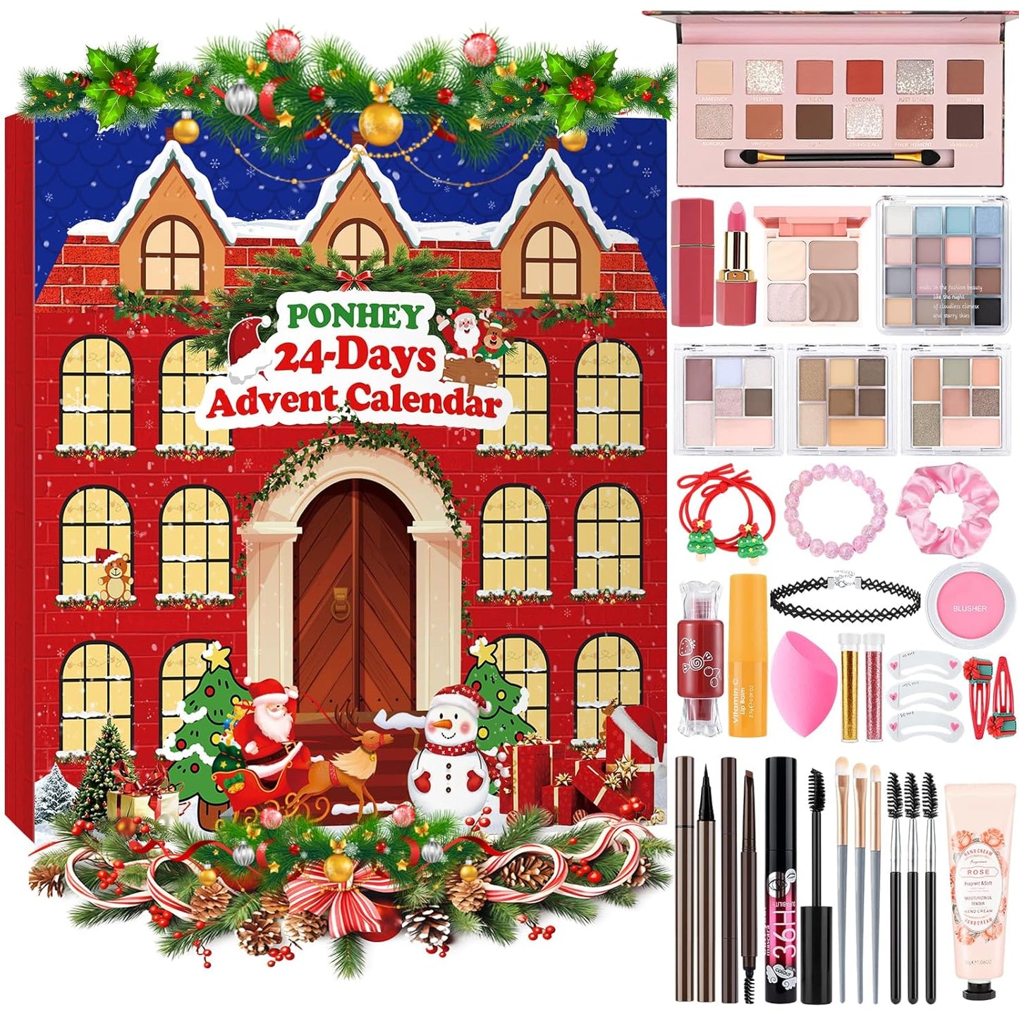 Ponhey Makeup Advent Calendar 2025, 24 Days Christams Makeup Sets For Women Surprise Gift, 2025 Xmas Countdown Calendar with 24 Individually Boxed Full Make Up Kits For Girls Teens Beauty Gift
