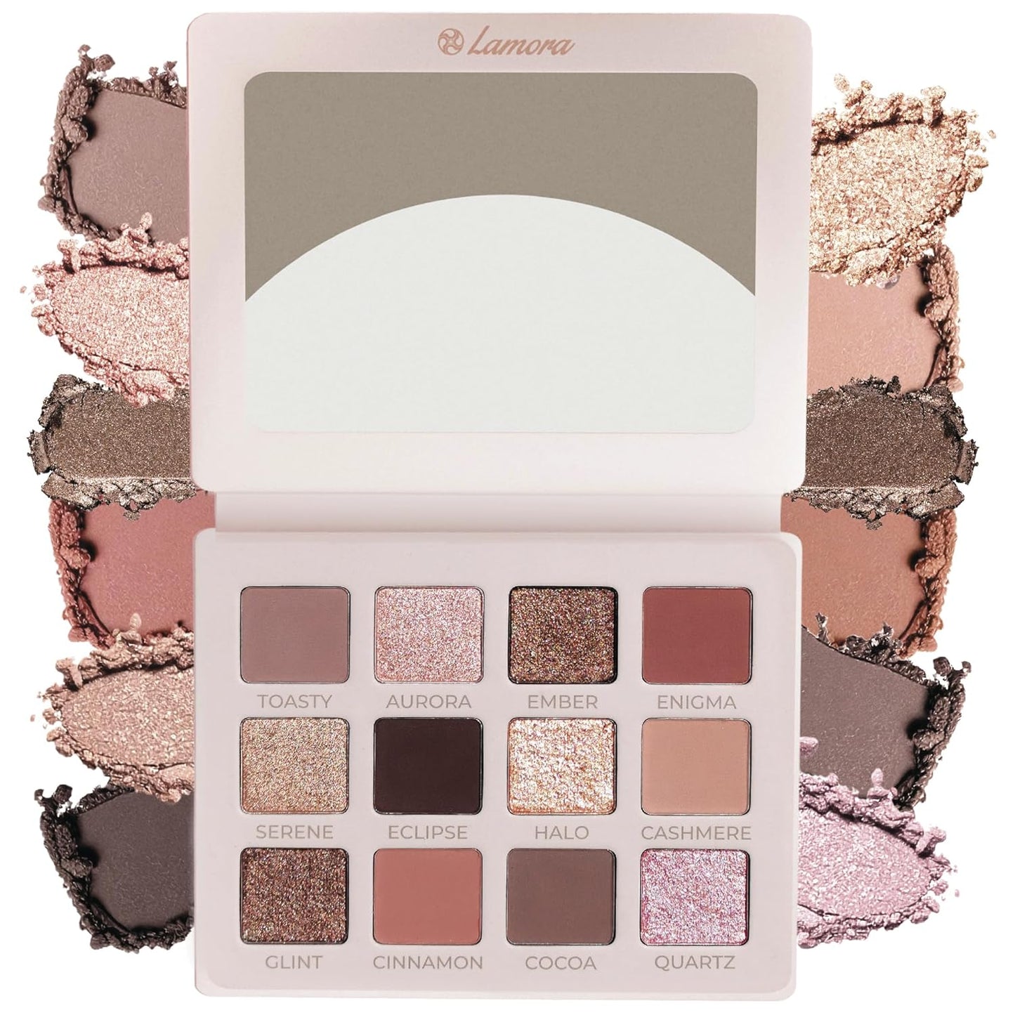 Lamora Nude Eyeshadow Palette Makeup - 12 Neutral Pigmented Matte & Shimmer Shades - Travel Size Eye Shadow With Mirror