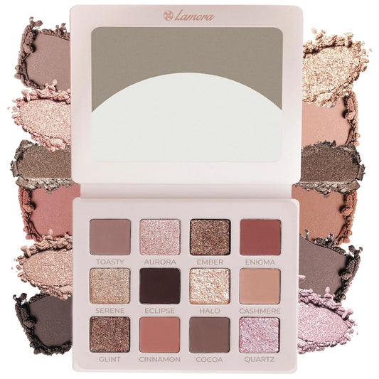 Lamora Nude Eyeshadow Palette Makeup - 12 Neutral Pigmented Matte & Shimmer Shades - Travel Size Eye Shadow With Mirror