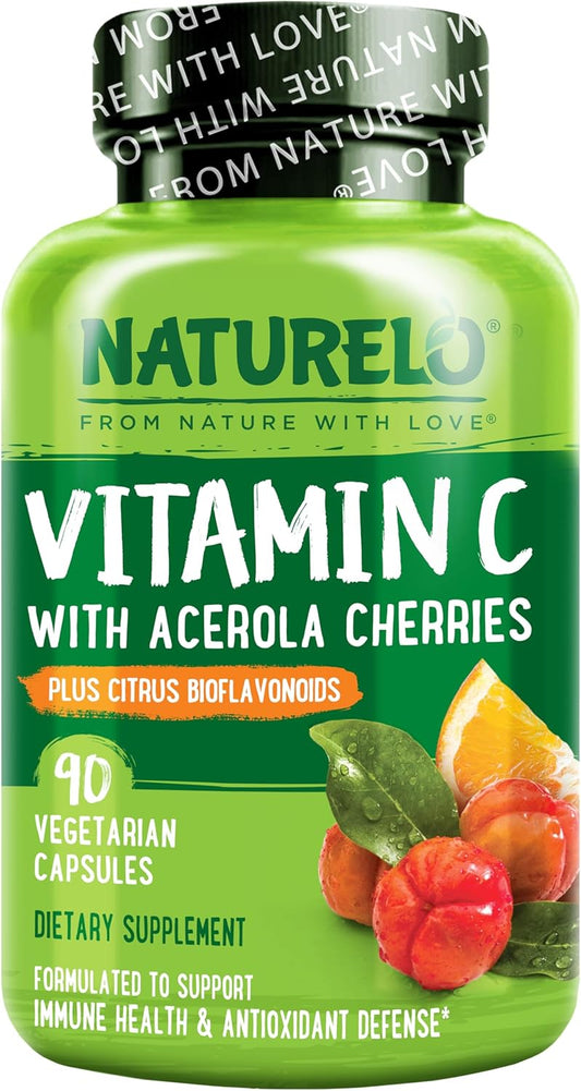 NATURELO Vitamin C with Organic Acerola Cherry Extract and Citrus Bioflavonoids - Vegan Supplement - Immune Support - 500 mg VIT C per Cap - Non-GMO - 90 Capsules