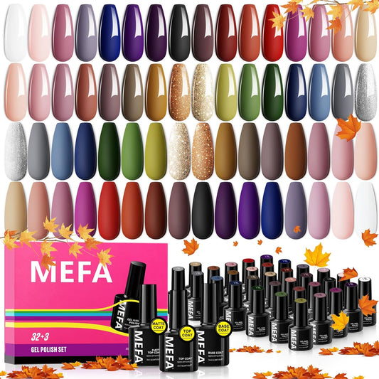 MEFA Fall Gel Nail Polish Set, 32 Colors Burgundy Red Gel Polish Set Champagne Gold Glitter Nail Polish Soak Off Dark Red Purple Shimmer Nude Brown Gel Nail Gifts for Women Girl DIY Salon