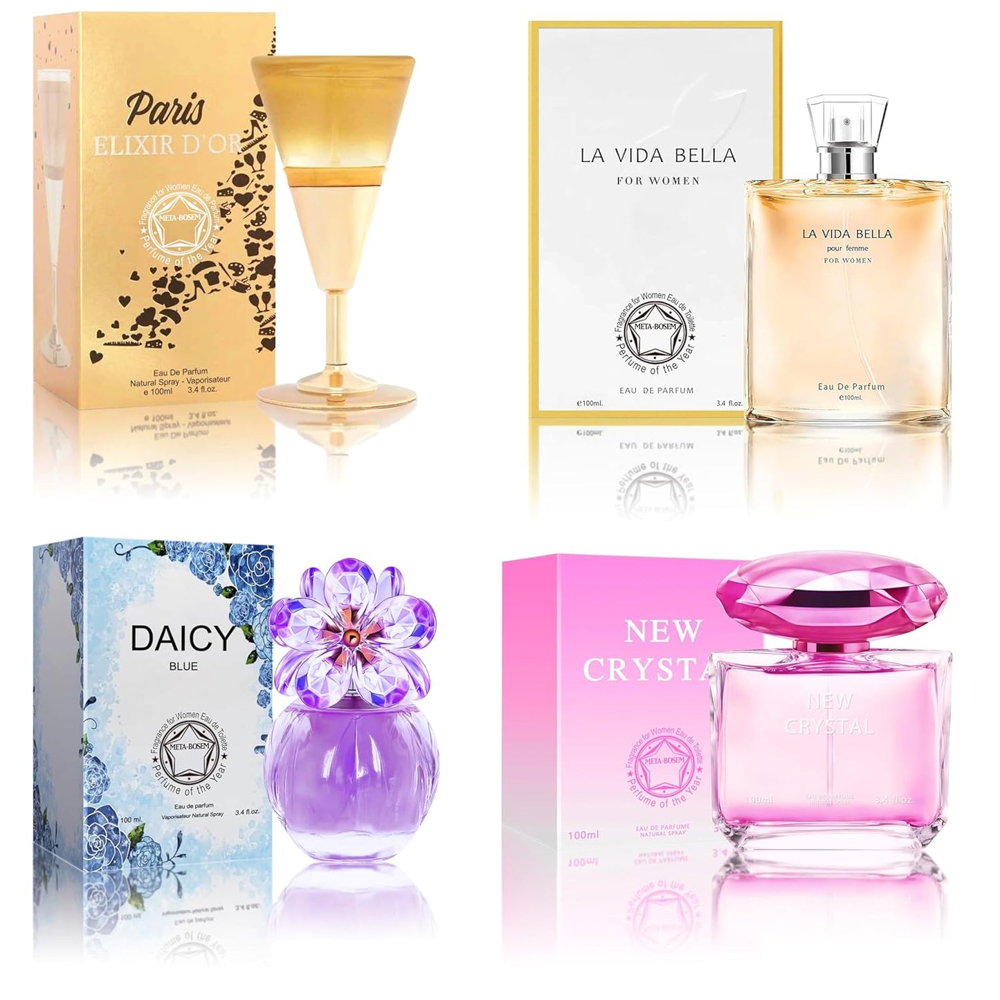 META-BOSEM Perfume for Women Set (100ml x 4PCS Variety Pack), NewCrys, LVBella, DaicyB, PariselixiR, Long Lasting Perfume for Women All Day Use