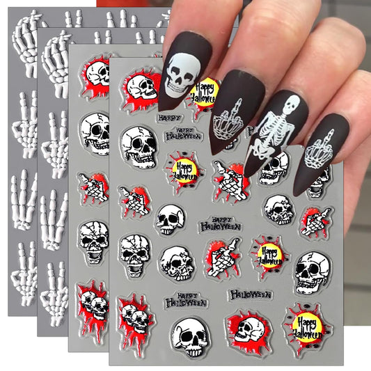 Halloween Bone Nail Stickers, 4 Sheets Embossed Skeleton Finger Self-Adhesive 5D Nail Art Decals for DIY Skull Manicure