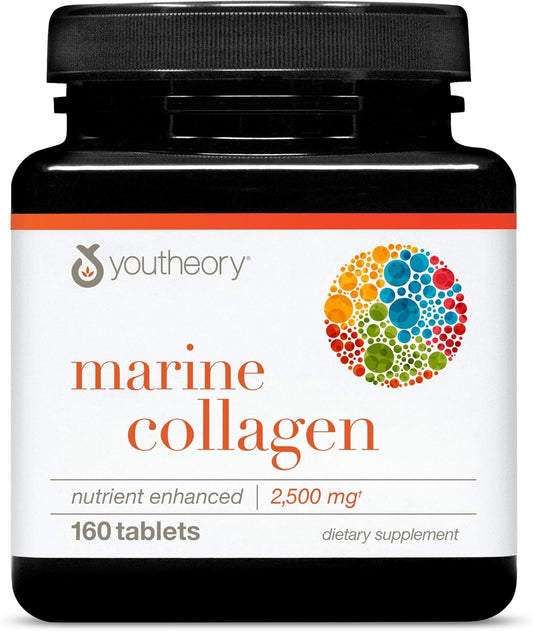 Youtheory Marine Collagen - 2,500 mg - Supports Joint, Nail, Hair, Skin, Bone & Muscle Health* - with Amino Acids, Minerals & Vitamins C, A, E, B6 & B12-160 Tablets (32-Day Supply)