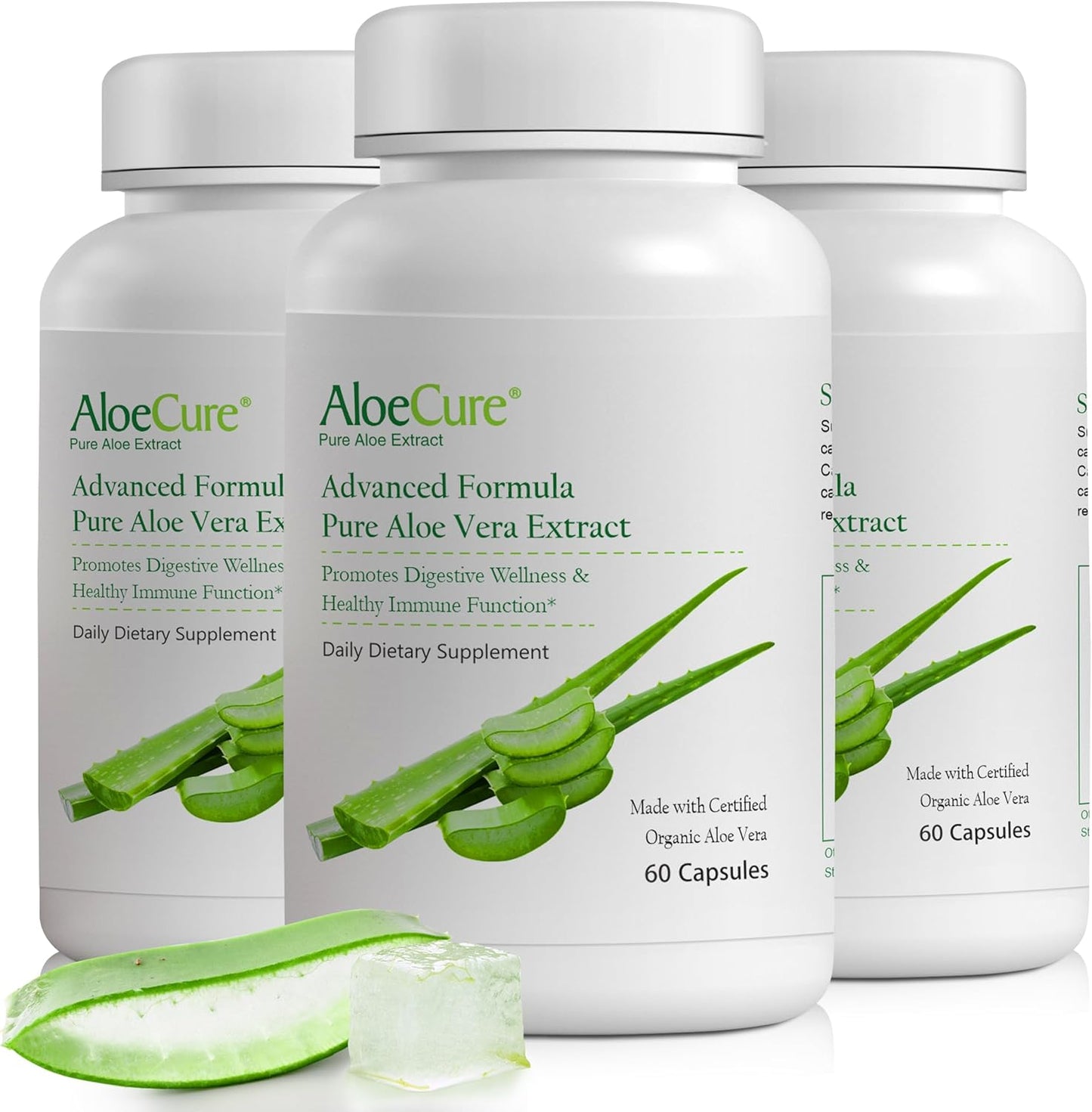 AloeCure Organic Aloe Vera Capsules, 160,000mg Inner Aloe Leaf Equivalent per Serving, Support Gut, Digestive, & Immune Health, Helps Maintain Balanced Stomach Acidity, Aloin Free, 60Caps x 3Btl