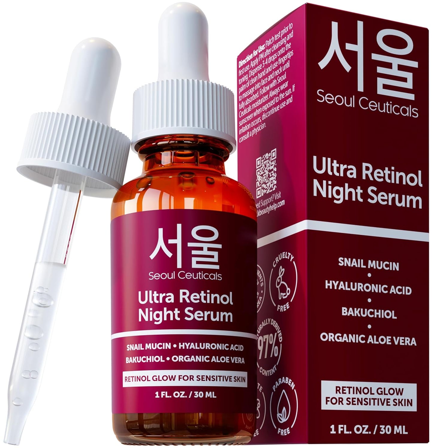 SeoulCeuticals 1% Korean Retinol Night Serum for Face - 97.5% Snail Mucin + Hyaluronic Acid + Bakuchiol, Cruelty Free K Beauty for Sensitive Skin 1oz