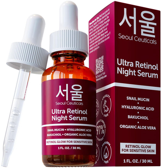 SeoulCeuticals 1% Korean Retinol Night Serum for Face - 97.5% Snail Mucin + Hyaluronic Acid + Bakuchiol, Cruelty Free K Beauty for Sensitive Skin 1oz