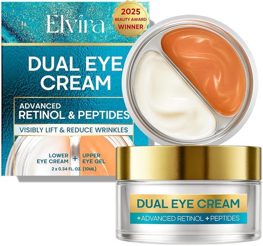 Elvira Dual Eye Cream for Dark Circles, Puffiness, Eye Bags, Wrinkles, Age-Defying, Tightening, and Moisturizing with Advanced Retinol, Five-Peptide Complex, and Stem Cell Extracts – 0.68 OZ