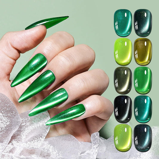 JODSONE 10 Colors Green Cat Eye Gel Nail Polish Set with Base Coat and Top Coat Magnetic Stick DIY Various Shapes of Cat Eye for DIY Manicure and Nail Salons