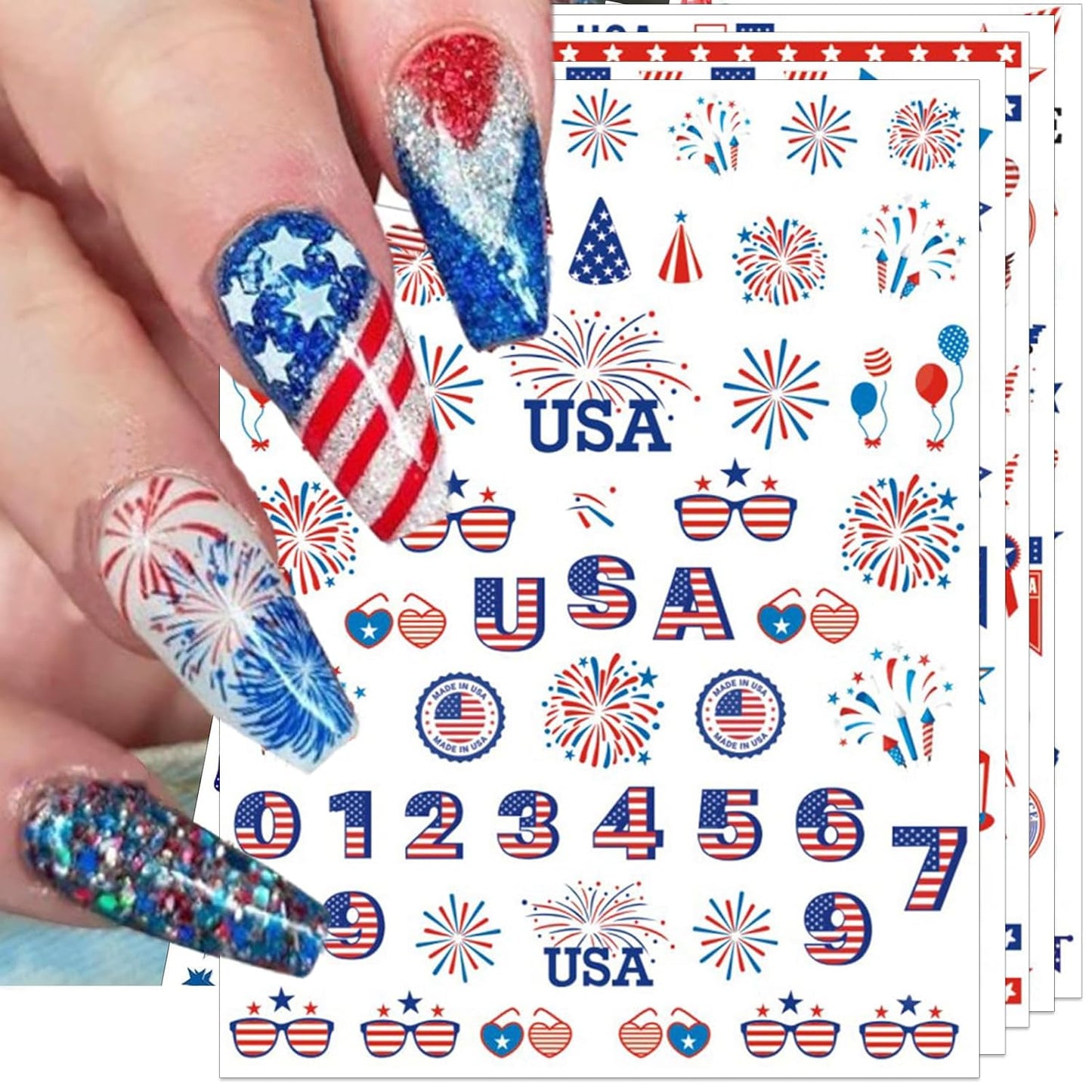 12 Sheets 4th of July Nail Stickers, USA Independence Day Patriotic Nail Decals, 3D Design Self-Adhesive Memorial Day Flag Star Nail Art