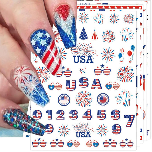 12 Sheets 4th of July Nail Stickers, USA Independence Day Patriotic Nail Decals, 3D Design Self-Adhesive Memorial Day Flag Star Nail Art