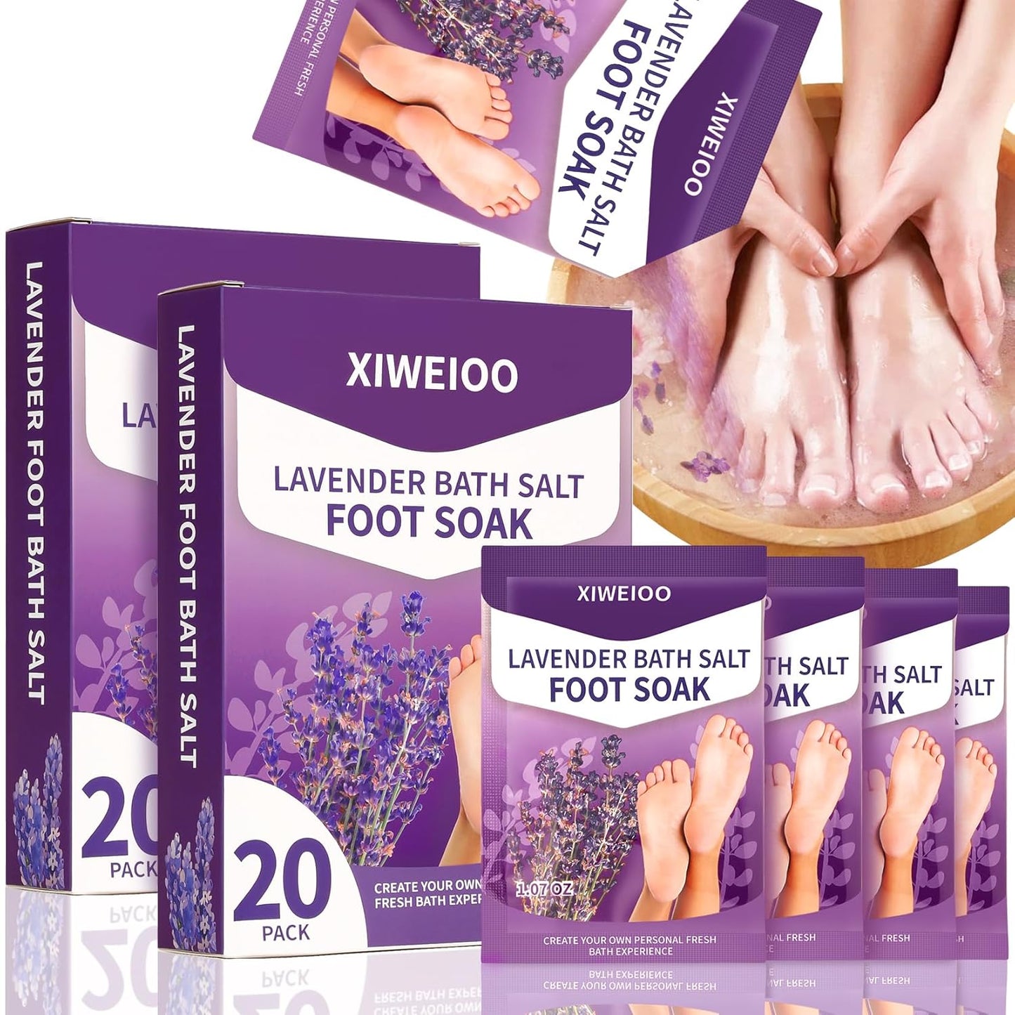 40 Packs of Foot Bath soak Salts kit Lavender Epsom Salts Tea Tree Oil Dry Cracked HEE Toenail Athletes Foot, Stubborn Foot Odor Scent, Softens Calluses Pedicure Tired Feet spa Message