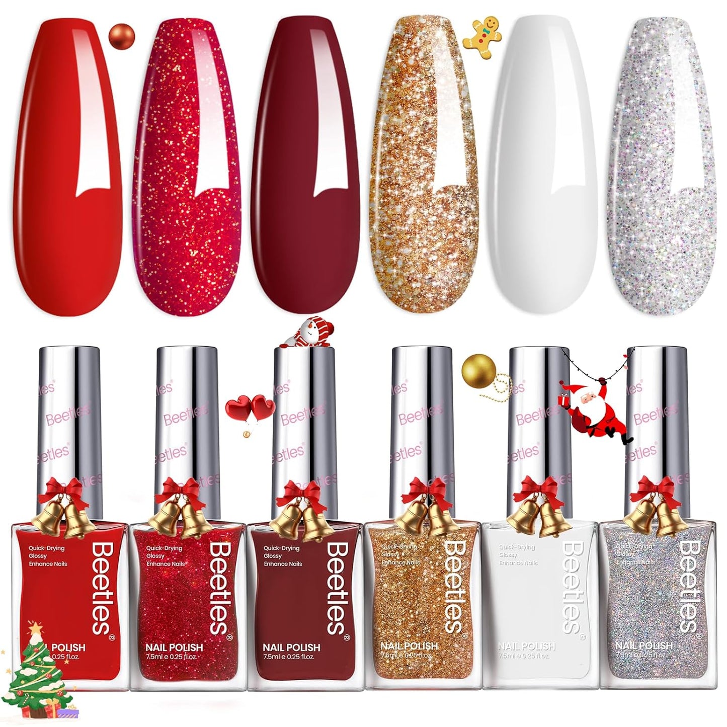 Beetles Red Nail Polish: 6Pcs Glitter Burgundy Red Sparkle Nail Polish Set, Quick Dry & Long Lasting Brilliant Overture White Silver Diy 4th of July Nail Art Design Christmas Gifts for Women