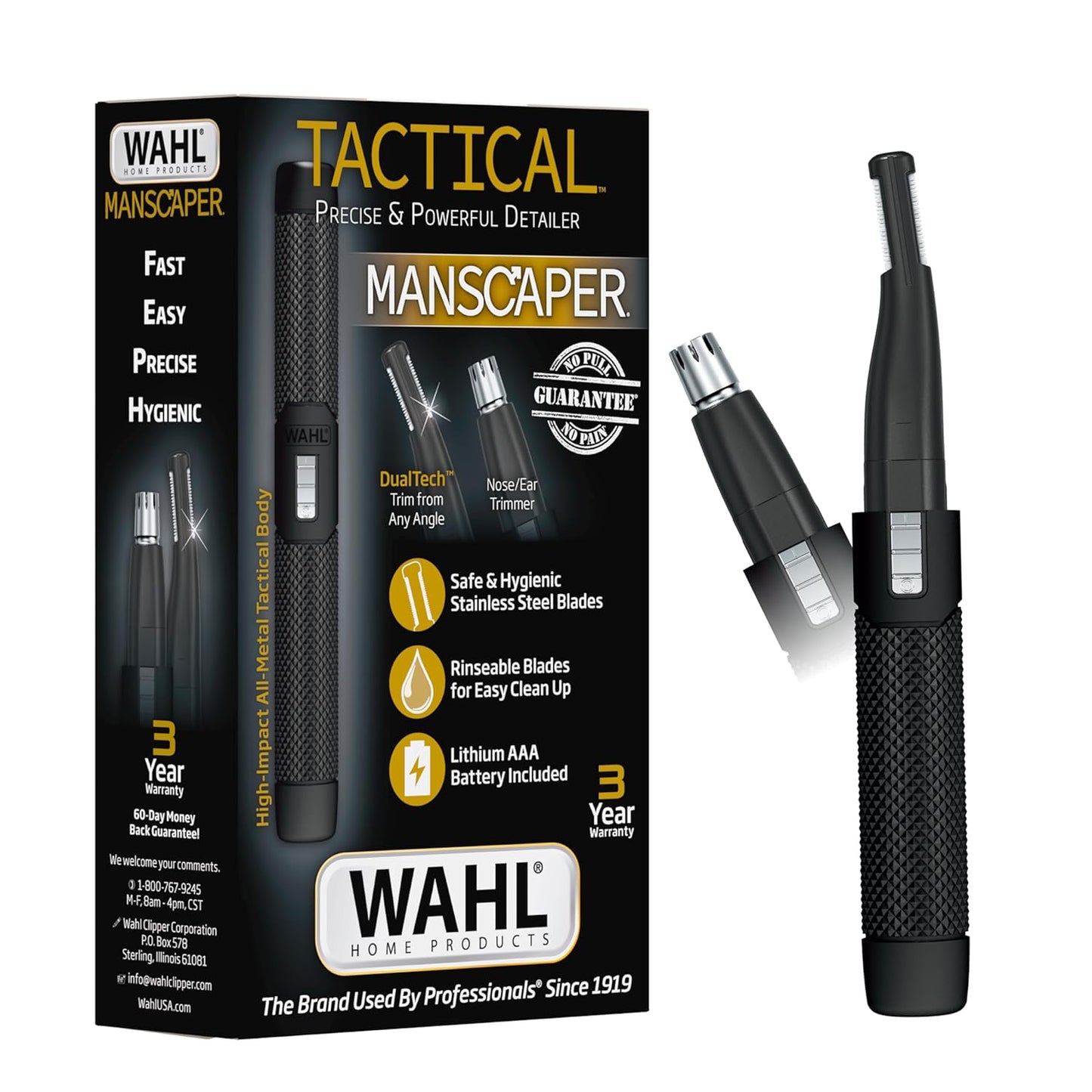 Wahl Manscaper ® 2 in 1 Lithium Battery Tactical® Dual Sided Eyebrow Trimmer and Nose Hair Trimmer for Men – Model 3023805