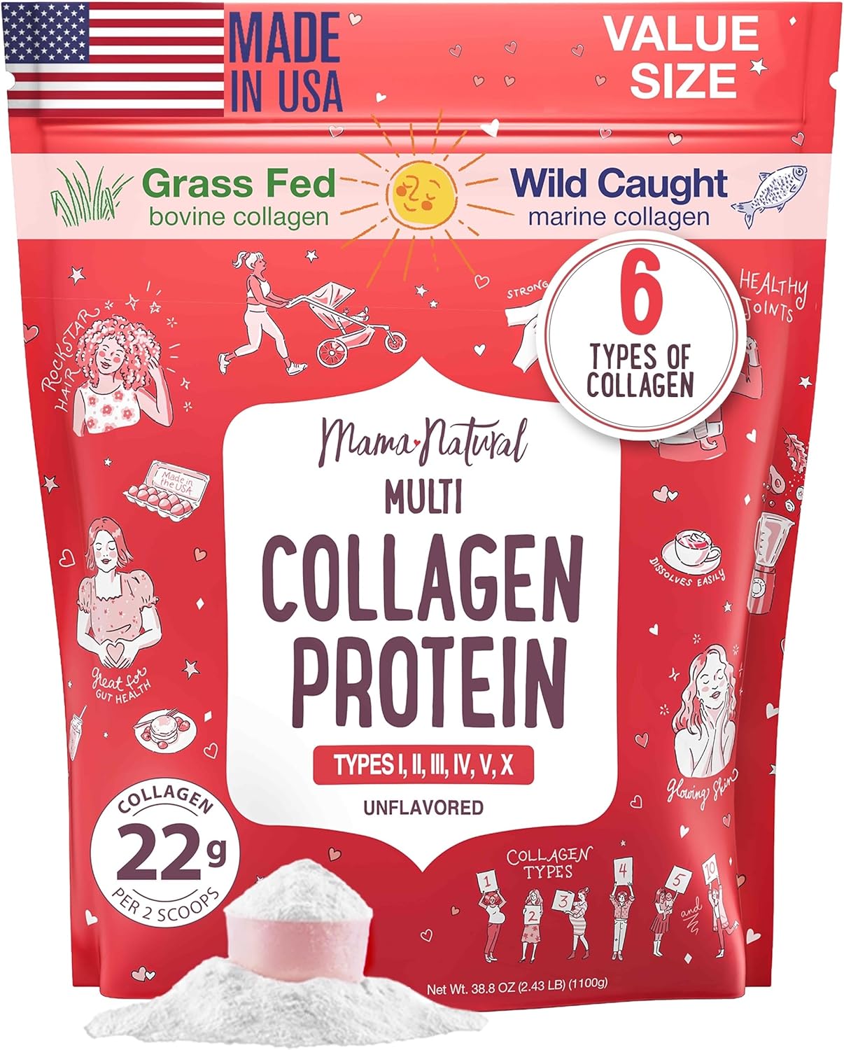 Multi Collagen Protein Powder Value Pack (100 Servings) - Unflavored & Hydrolyzed with 6 Types (1, 2, 3, 4, 5 & 10) - Pure Collagen Peptides for Women - Grass Fed Beef, Wild Fish & USA Eggshell