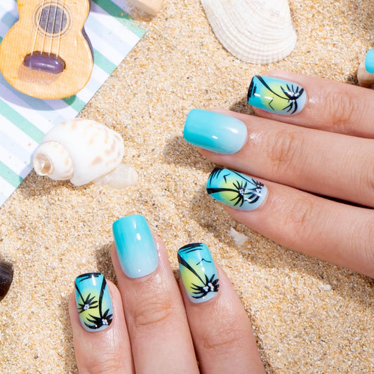 Curvlife Soft Gel Press On Nails Kit - Coconut Palm Full Cover False Nail Tips with Trendy Designs, Reusable & Glue Included - Easy Application Nail Accessories for Women